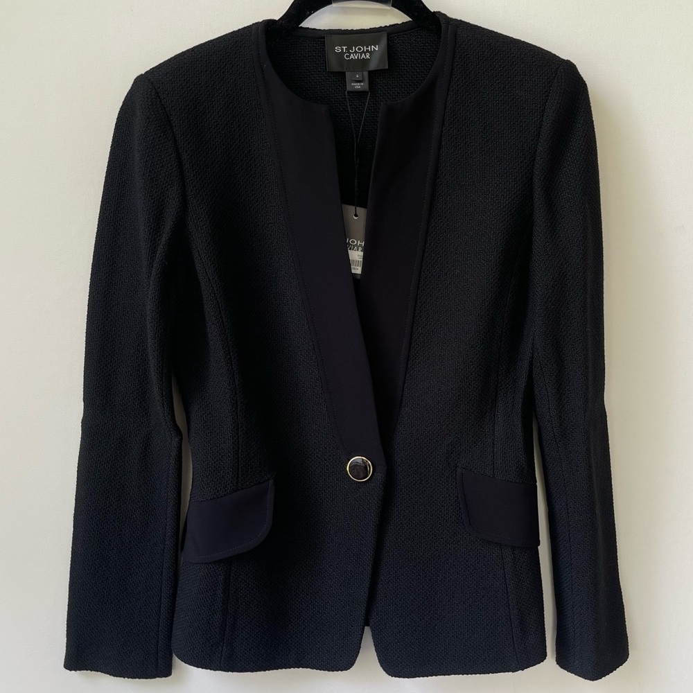 NWT St. John Caviar Knit One Button Open Blazer Jacket size 4 Black new with tag